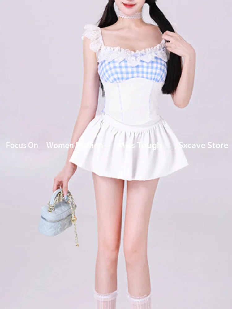 Sweet Kawaii Slim 2 pezzi Set donna Retro Lace Plaid Cute Bow Design camicetta + Casual a-line gonna corta 2024 stile giapponese