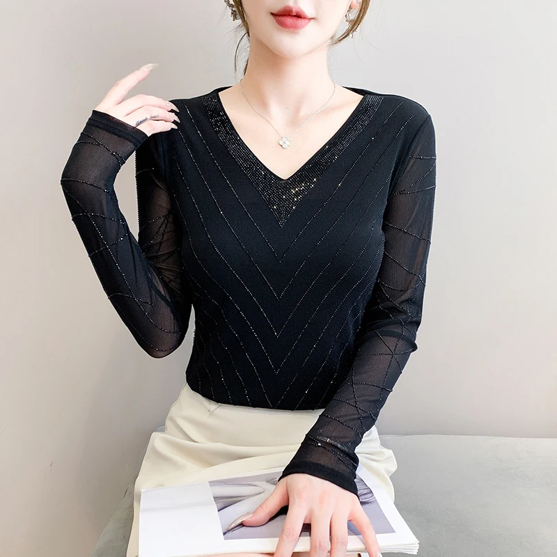 MadBlack-Women الأوروبي تي شيرت ، مثير الخامس الرقبة الماس الساخن ، الشارع الشهير كم طويل سليم S-3XL شبكة المحملة ، 2025 الخريف جديد T59740CC #2