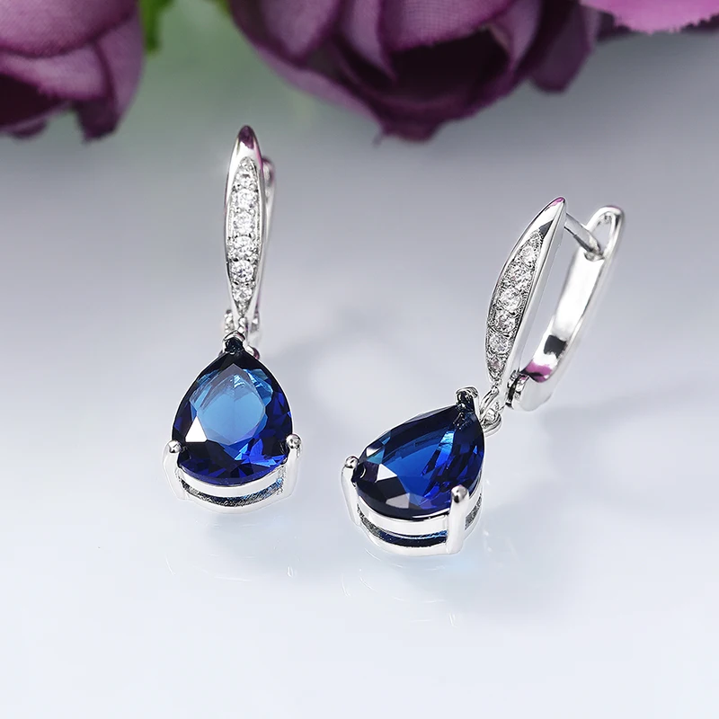 Huitan Wunderschöne wassertropfenförmige blaue Zirkonia-Tropfenohrringe für Damen, Abendparty, elegante Accessoires, klassischer Schmuck – Detail 4