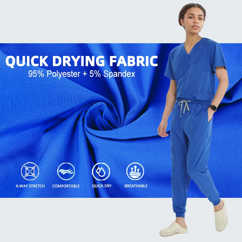 Royal Blue Doctor Uniforms 4-way Stretch Nurse Scrub Set V-neck Top Jogger Pant with Pockets Slim Fit Meidcal Staff Clothes S21