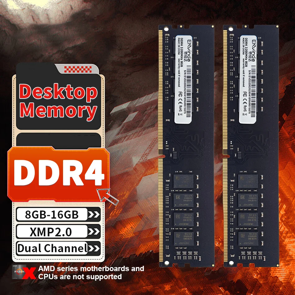 

ENvinda DDR4 Ram 8 ГБ 16 ГБ 2666 МГц 3200 МГцDRAM DIMM Память 288pin Черный Ram 8 ГБ 16 ГБ 32 ГБ 3200 МГц для материнской платы Intel