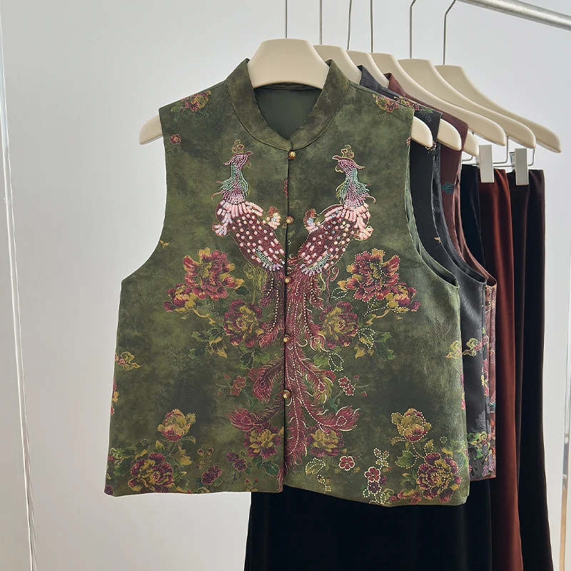 Phoenix Embroidery Pleated Skirt Stand Collar See through Belly Cover Curtain Medium Length Chinese Style Women's Vest Autumn
