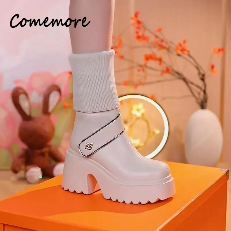 Comemore Women Boots Platform Wedge Fashion Autumn Spring 8cm Block Heels Knee High Boot Shoes 2024 Sock Leather Stretch Fabric