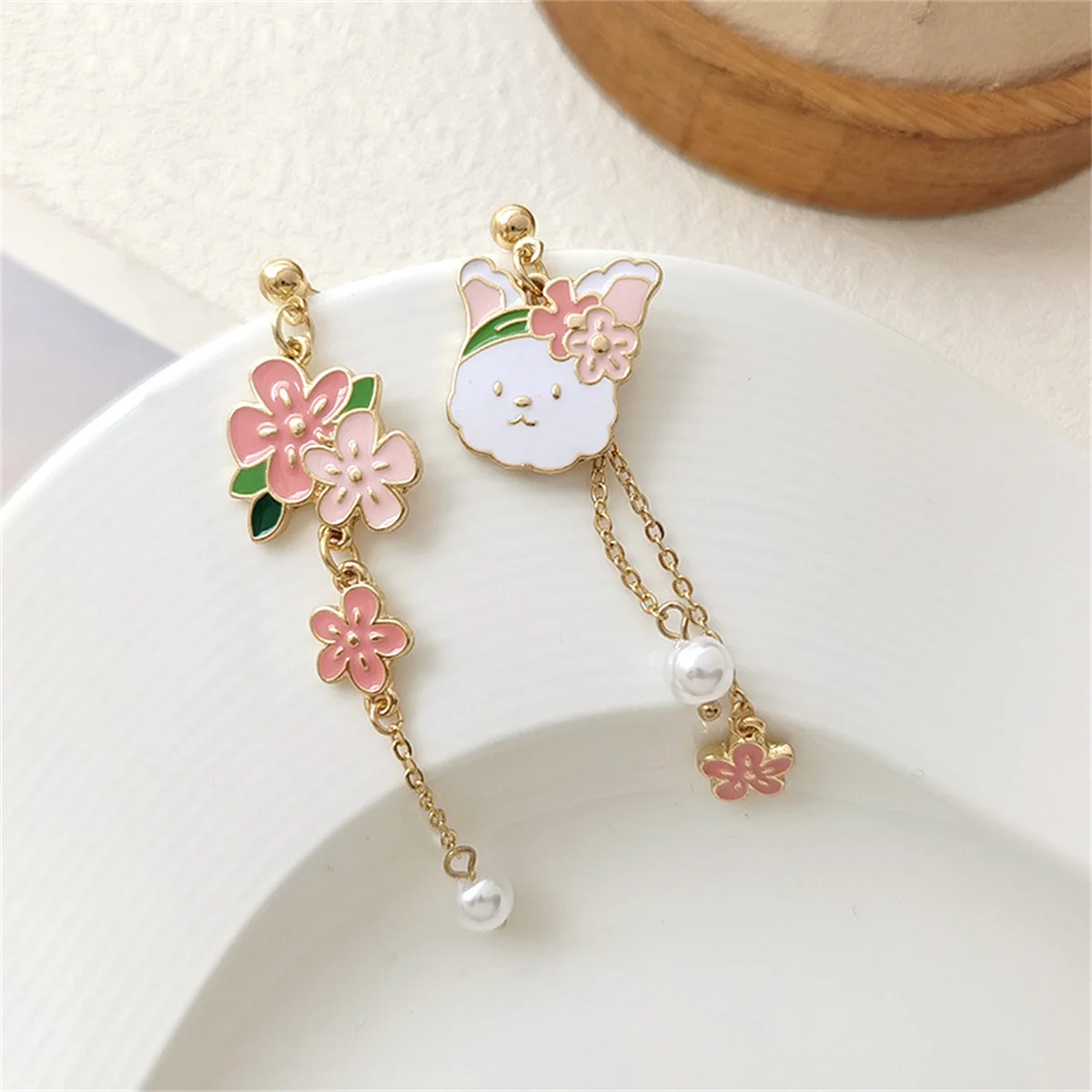 Korean Fashion Bow Rabbit Asymmetric Dangle Earrings for Women Sweet Cute Cartoon Kitten Flower Tassel Earrings Jewelry Gifts