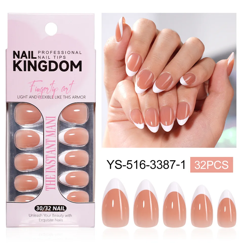 VITAGWX 32 uñas postizas cortas con diseño francés en forma almendra, acrílicas de alta calidad, reutilizables. 6