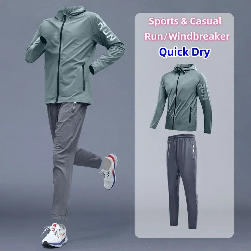 Quick Dry Tracksuits Man Outdoor Windbreaker Casual Tops Pants Quality Breathable Sports Hoodies Jackets Jogging Run Clothes Set