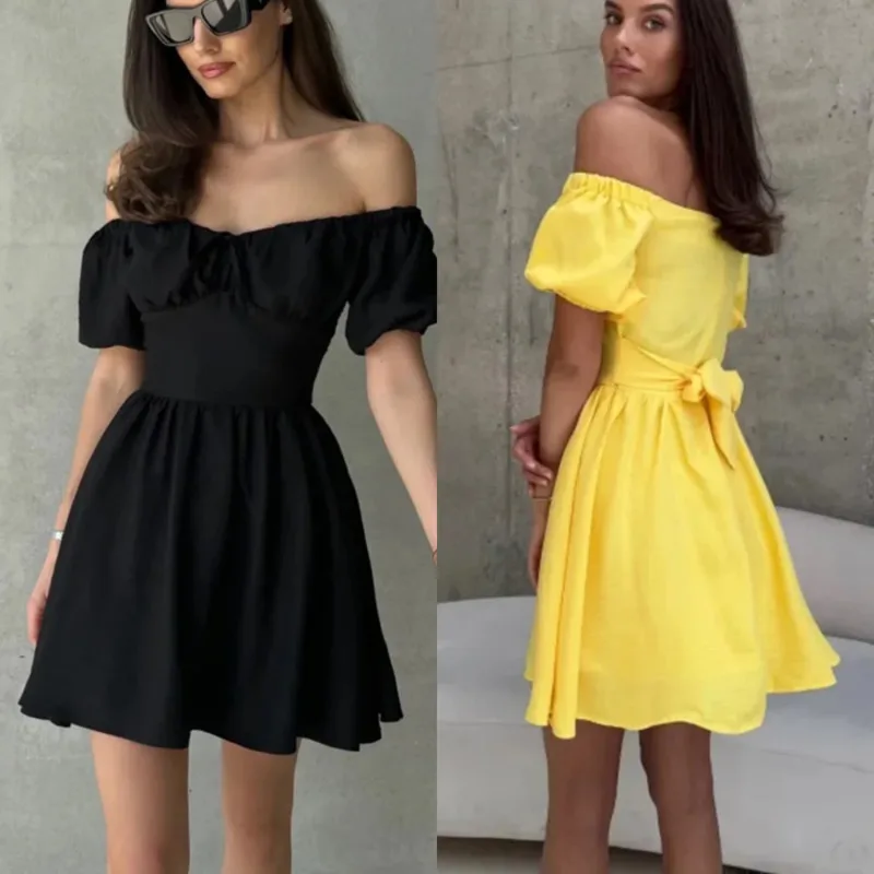 

Sexy Off Shoulder Waist Tie Short Sleeve Dress Fashion Women Bubble Sleeve Tie Belt Dress Summer Solid Color Ruffled Mini Dress