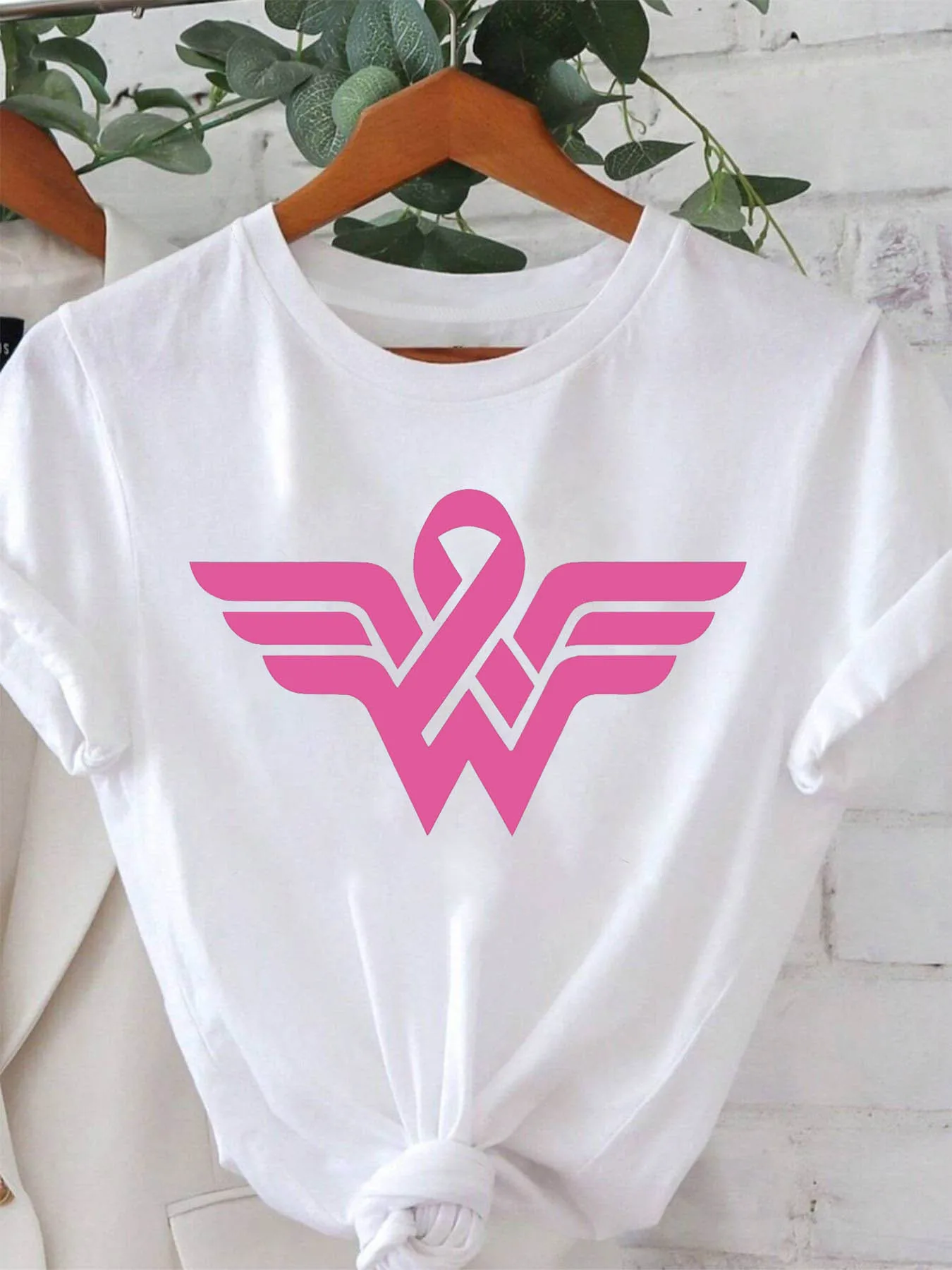 Breast Awareness Ribbon Pattern Printed Women's T-Shirt Casual Crew Neck Spring and Summer Top Short Sleeve, Fashion