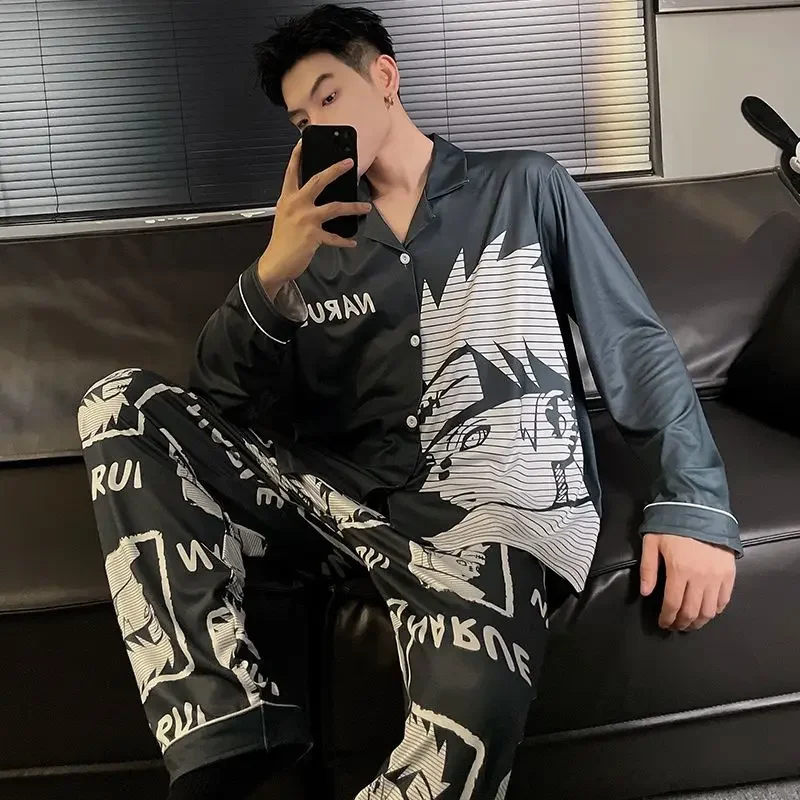 Naruto Pain Pajama Men Anime Sets Silk Satin Pijama Turn-down Collar  Long Sleeve Nightwear Male 2 Pieces Sets Cardigan Homewear