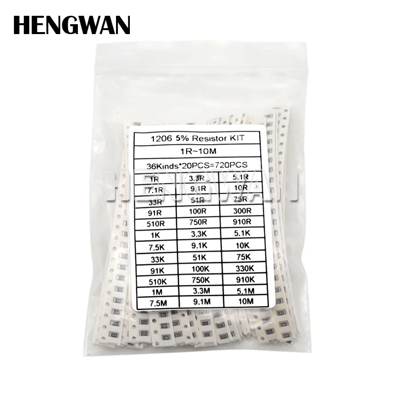 720pcs 5% 0603 0805 1206 SMD Chip Resistor Assorted Kit 1 ohm - 10M 36valuesX20pcs Resistance Sample set