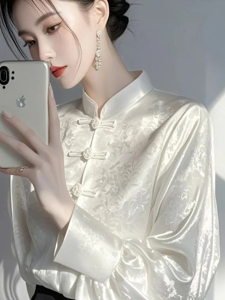 Satin Silk Jacquard Blouses Women Long Lantern Sleeve Retro Tops Office Lady Casual Wear Shirts Oversized