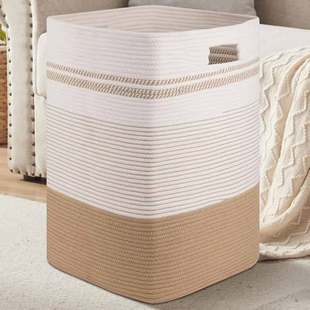 

Laundry Hamper, Large Woven Rope Tall Laundry Basket With Handles, 24"" X 16"" X 16"", Decorative Storage Basket For Clothes