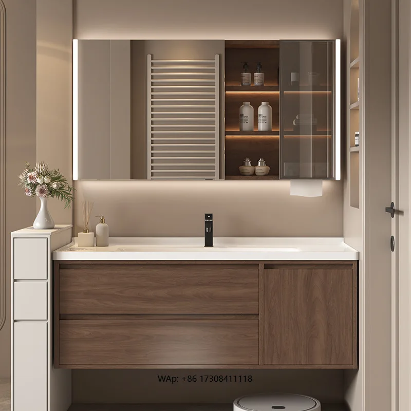 

Modern Solid Wood Bathroom Cabinet with Matte Black Finish Smart Mirror Integrated Ceramic Basin & Floor Standing Design