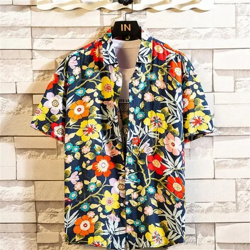 Flower Pattern Hawaiian Shirt Men\'s Exquisite 3D Print Blouse Casual Harajuku Summer Loose Aloha Shirts Short Sleeve Lapel Tops