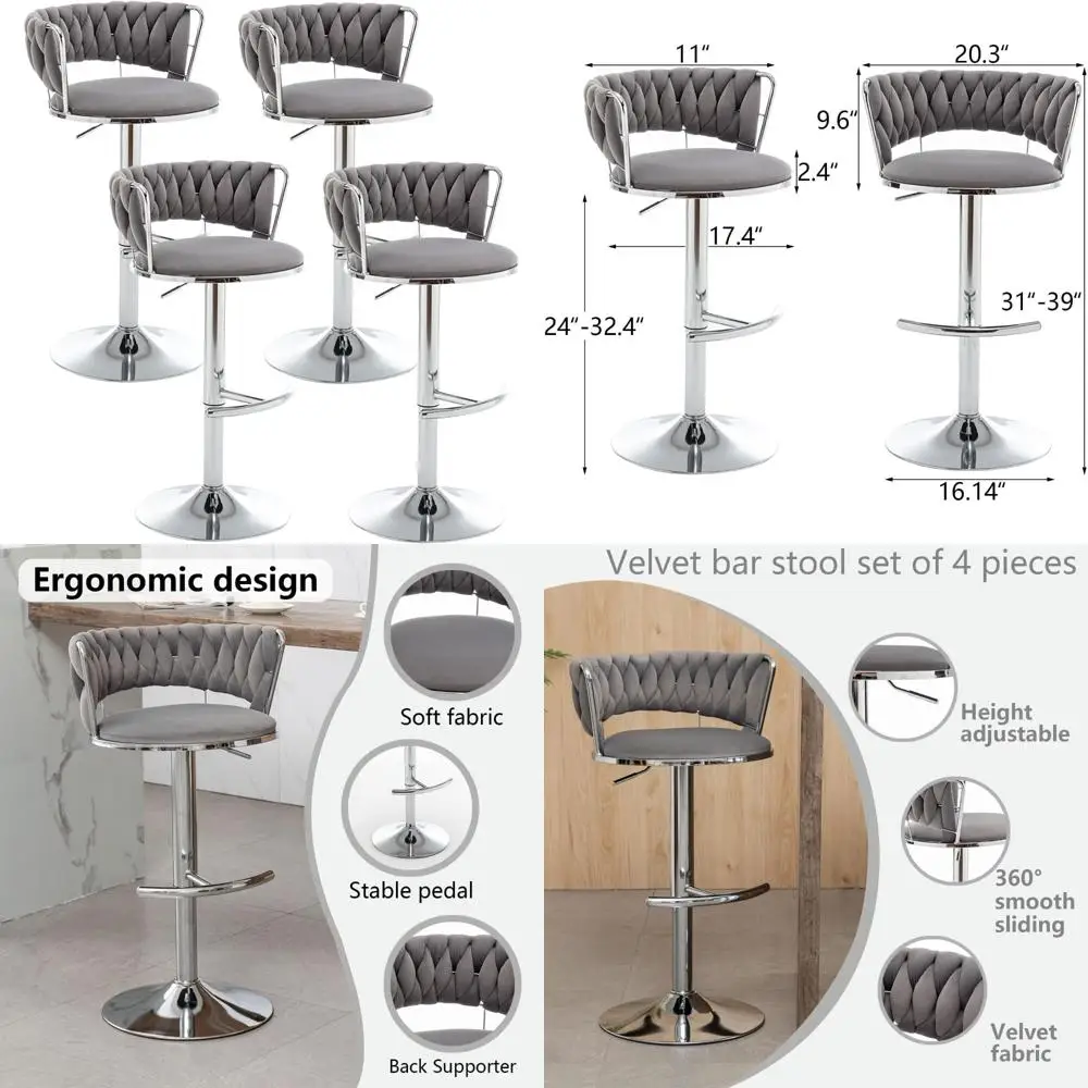 

Set of 4 Velvet Counter Height Bar Stools with Low Back, Modern Adjustable Swivel Chairs for Kitchen