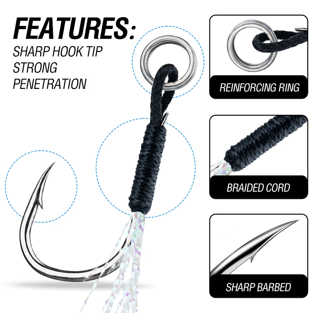 20 Stück Assist-Haken, hochfester Angelhaken aus Kohlenstoffstahl mit Widerhaken und Verbindungsring für Süßwasser und Salzwasser – Detail 4