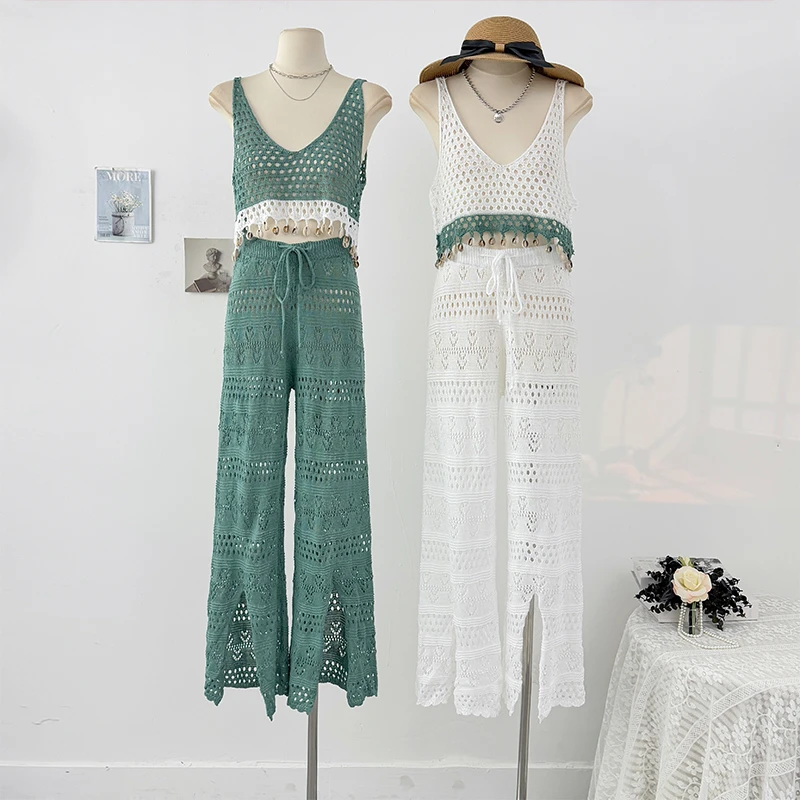 

Bohemian Holiday Style Two Piece Set Women Fringed Hollow Knit Suspender Vest + High Waist Split Wide Leg Pants Casual Set