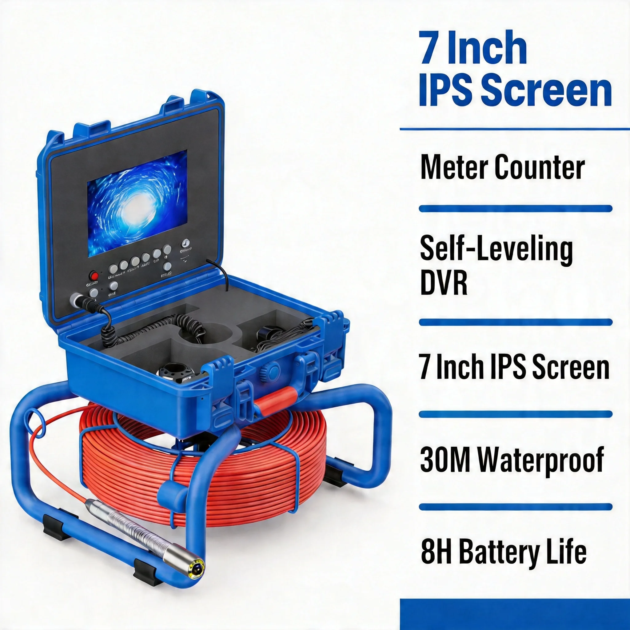 

7" 20M 7mm Sewer Camera 512Hz Locator DVR Monitor Self-Leveling 1080P Endoscope Fiberglass Cable Drain Pipe Inspection 16GB