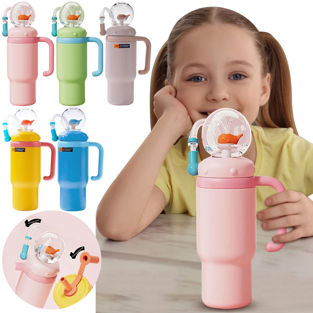 24oz Stainless Steel Whale Fountain Tumbler with Handle Leak Proof Whale Squirt Drinking Cup with Straw Insulated Water Bottle