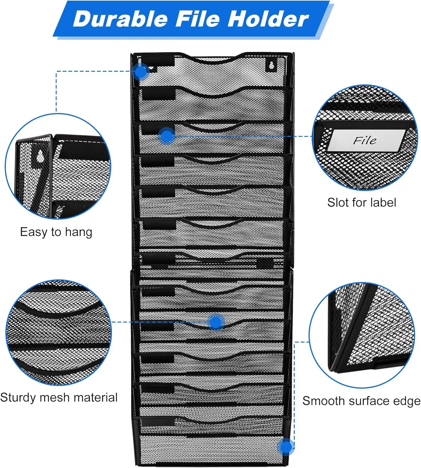 12 Pocket Wall File Holder Organizer, Black Mesh Storage for Office Documents Mail Magazine