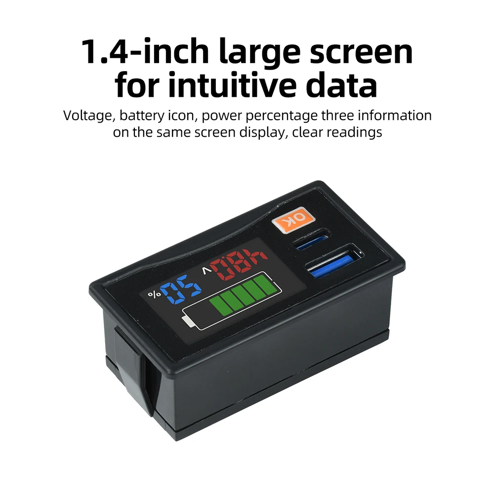 DC 12–24V LCD Digital Voltage and Charge Level Indicator With Dual USB Type C Outputs Compatible Voltage Battery Indicator