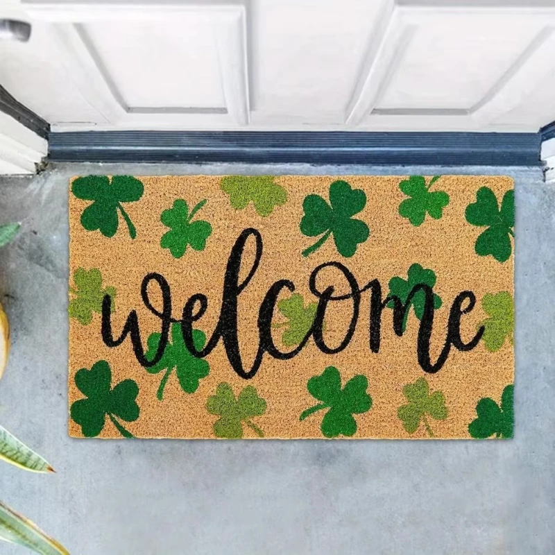 Gradient Green Shamrock Welcome Doormat 2D Flat Print Non-Slip Four Leaf Clover Floor Mat for Entryway Bathroom Home Decor Rug
