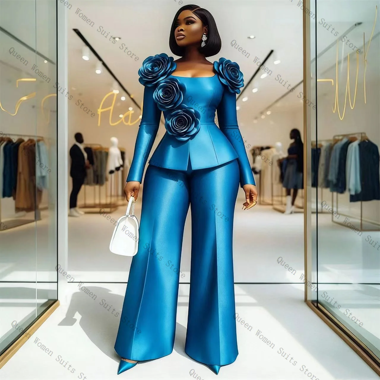 Blue Satin Women Suit Pants Set 2 Pcs Blazer+Trousers 3D Flower Luxury Prom Formal Office Lady Jacket Wedding Coat Customized image 2