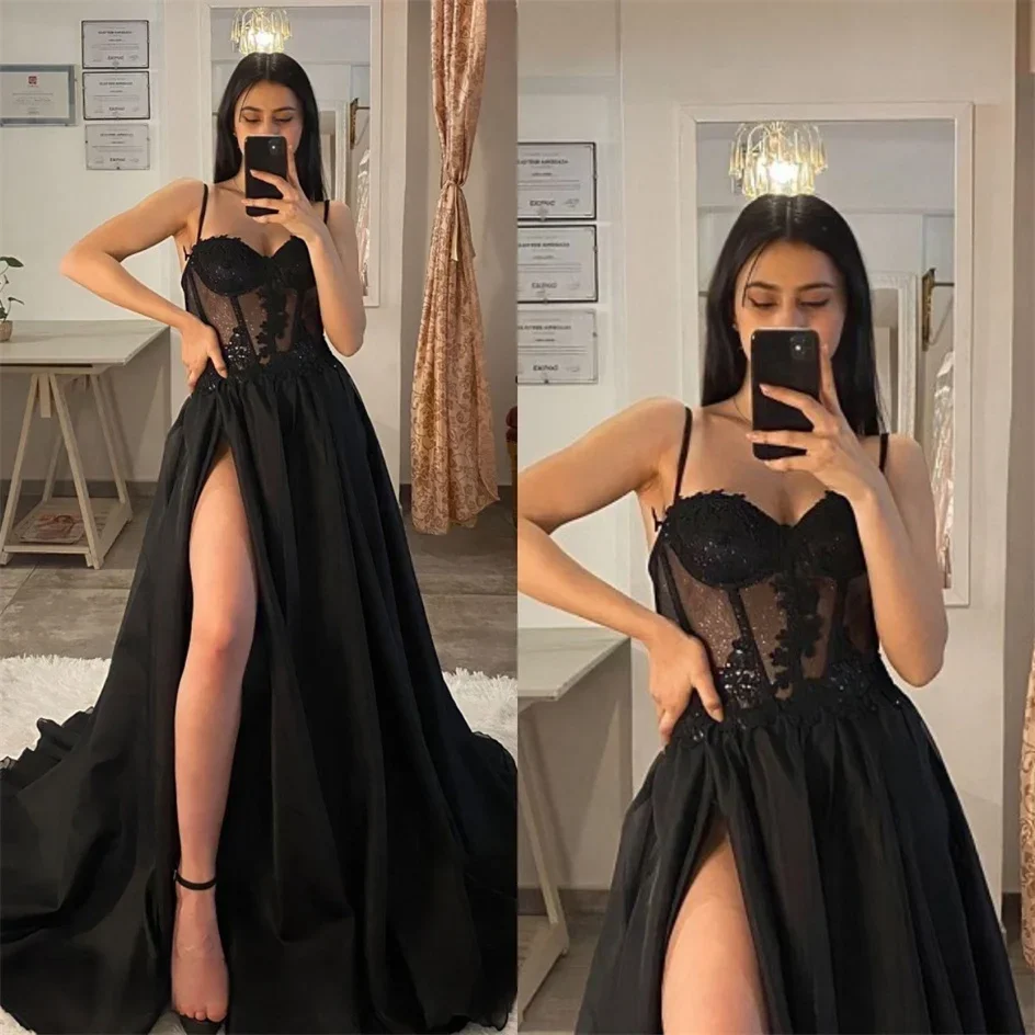 Sweetheart Black Prom Dresses Straps Appliques Glitter Party Evening Gowns Split Formal Red Carpet Long Special Occasion Dress 6