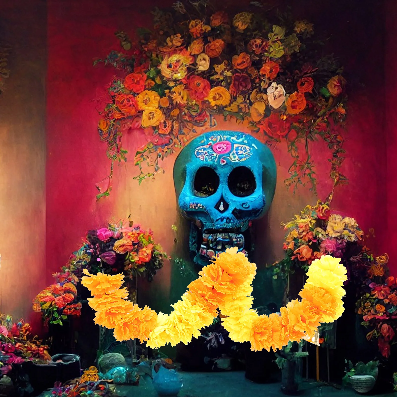 

Artificial Marigold Flowers Garland Door Decoration Long Silk Fabric Marigold Ball String with Bell Diwali Party Home Decor