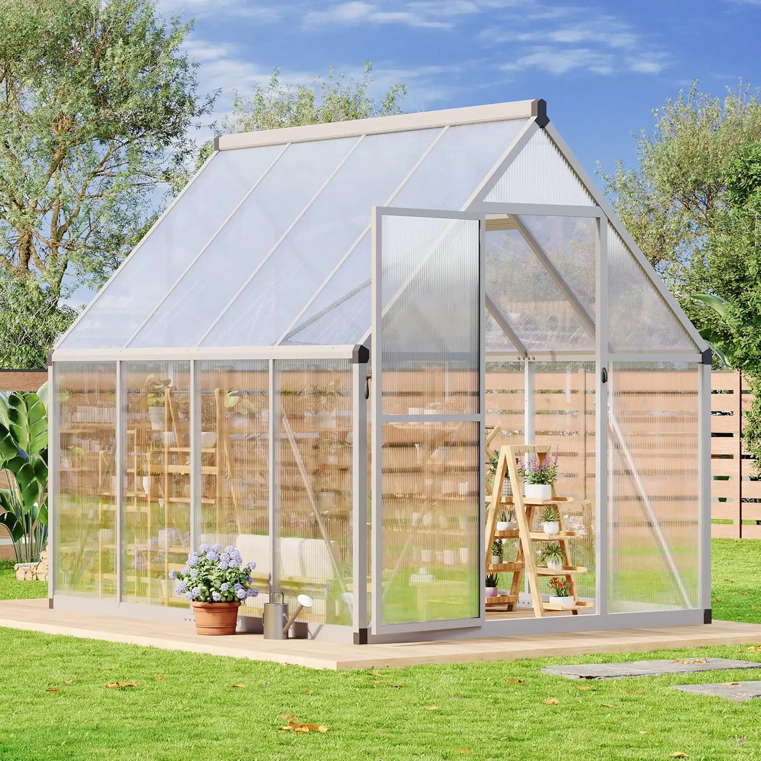 

6x7 ft Walk-in Greenhouse for Outdoors, Lockable Door & Adjustable Roof Vent, Polycarbonate Greenhouse , Silver