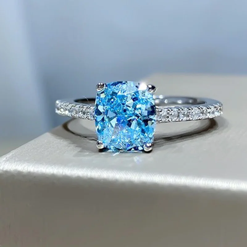 Anillo de Plata de Ley 925 con circonita cuadrada azul para mujer, joyería de lujo para boda, ofertas de accesorios al por mayor con