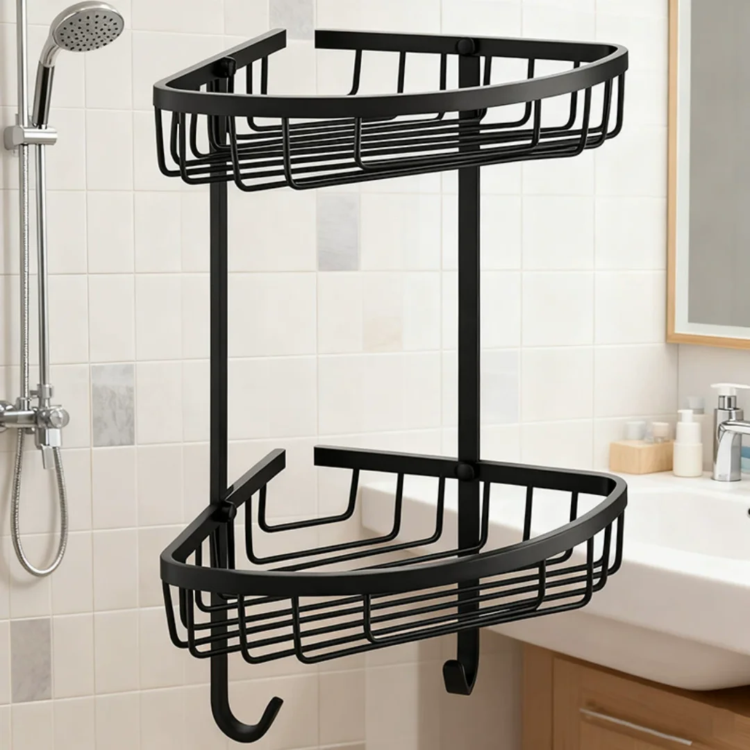 

Black Bathroom Storage Organizer Bath Shower Shelf SUS304 Chrome Bathroom Corner shelf Wall Mounted Grey Kitchen Storage holder