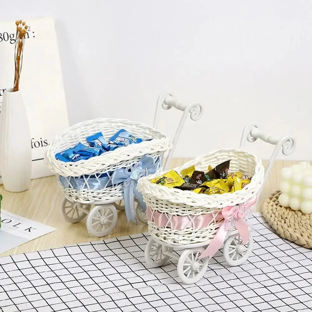 Mini Cute Design Baby Cart Stroller Storage Basket Handmade Decorative Woven Storage Tray Multipurpose Imitation Rattan
