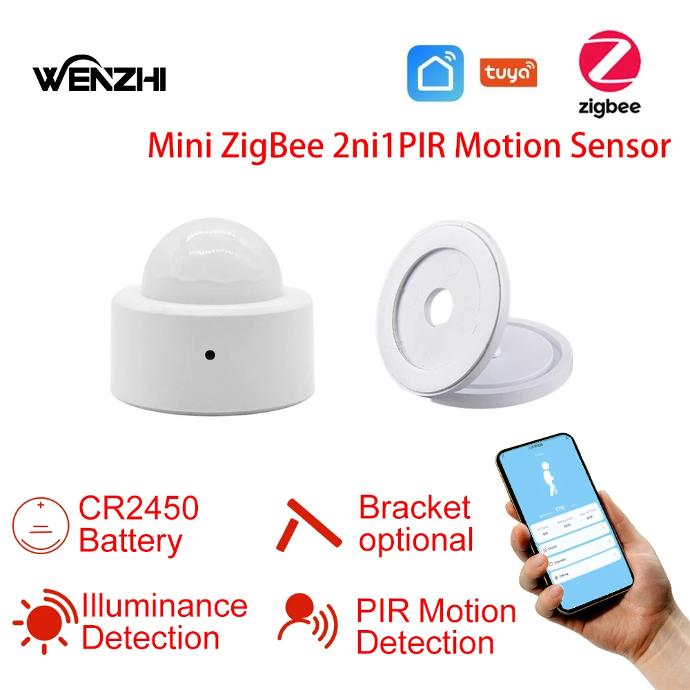 Zigbee PIR Bewegungsmelder mit Helligkeitssensor, Batteriebetrieben, Optionaler Halterung, Tuya Smart Life Hausautomation