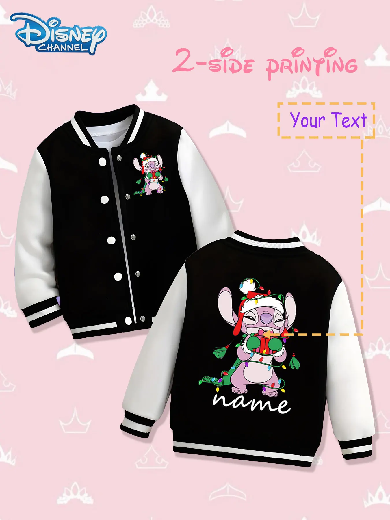 

MINISO Disney Christmas Stitch (Pink) Girls' Baseball Jacket - Double-sided holiday print, warm and cute in autumn and winter, s