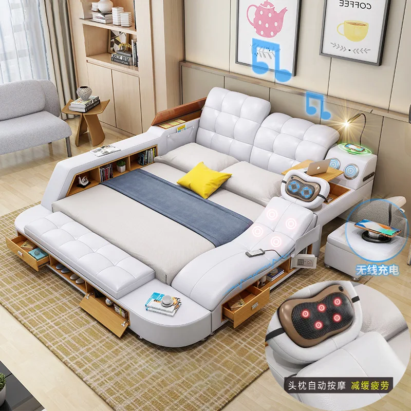 Modern simple master bedroom marriage bed intelligent massage leather bed tatami foreign trade multi-function bed double storage