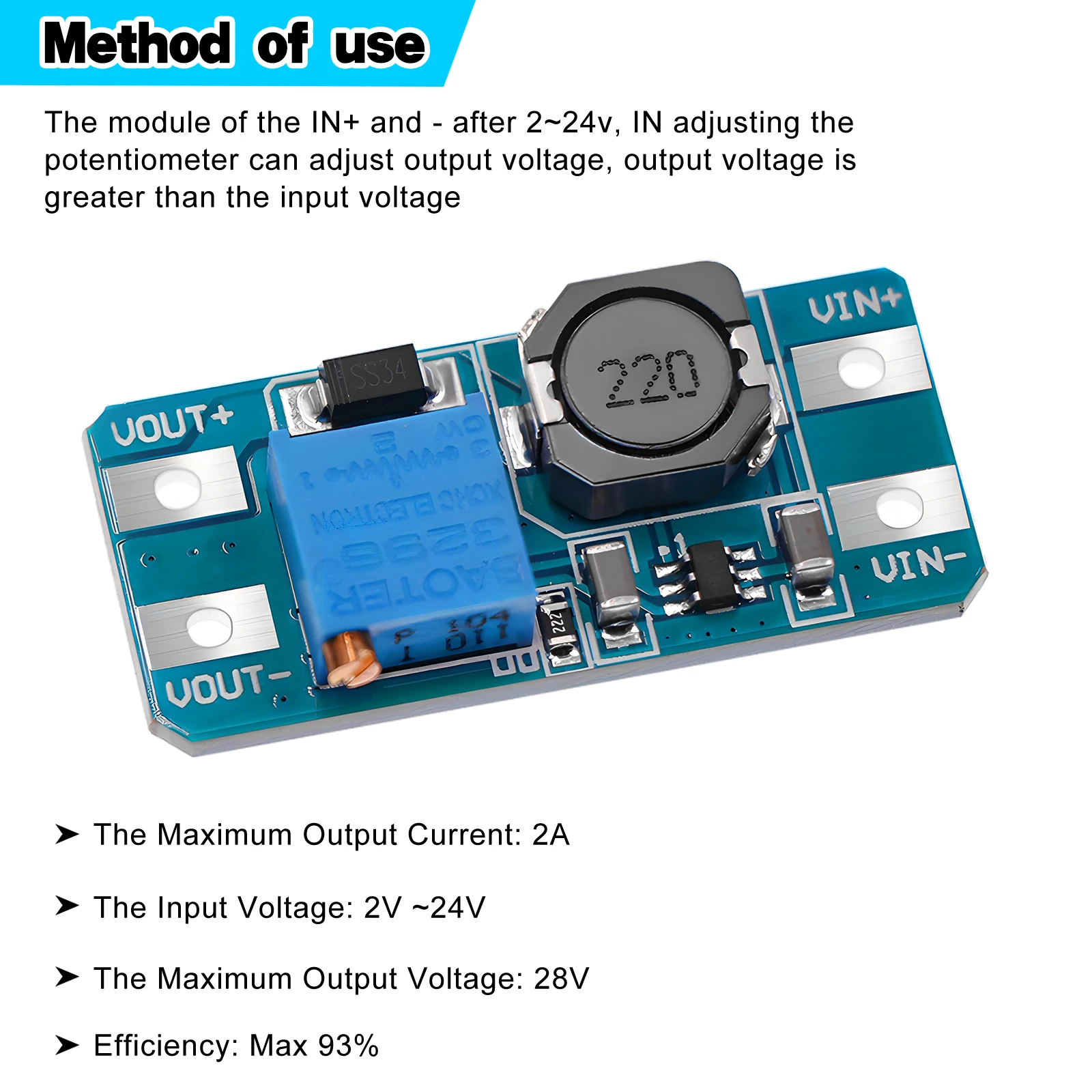 5pcs MT3608 DC-DC Adjustable Boost Module 2A Boost Plate Step Up Module Converter with MICRO USB/Type C I 2V-24V to O 5V-28V