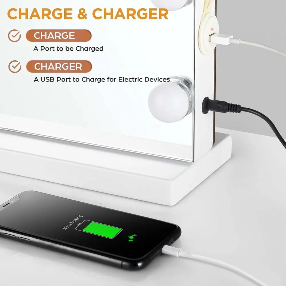 Miroir de courtoisie Hollywood à 15 LED à intensité variable avec 3 modes d'éclairage, support de bureau et mural 2 en 1, chargeur USB inclus