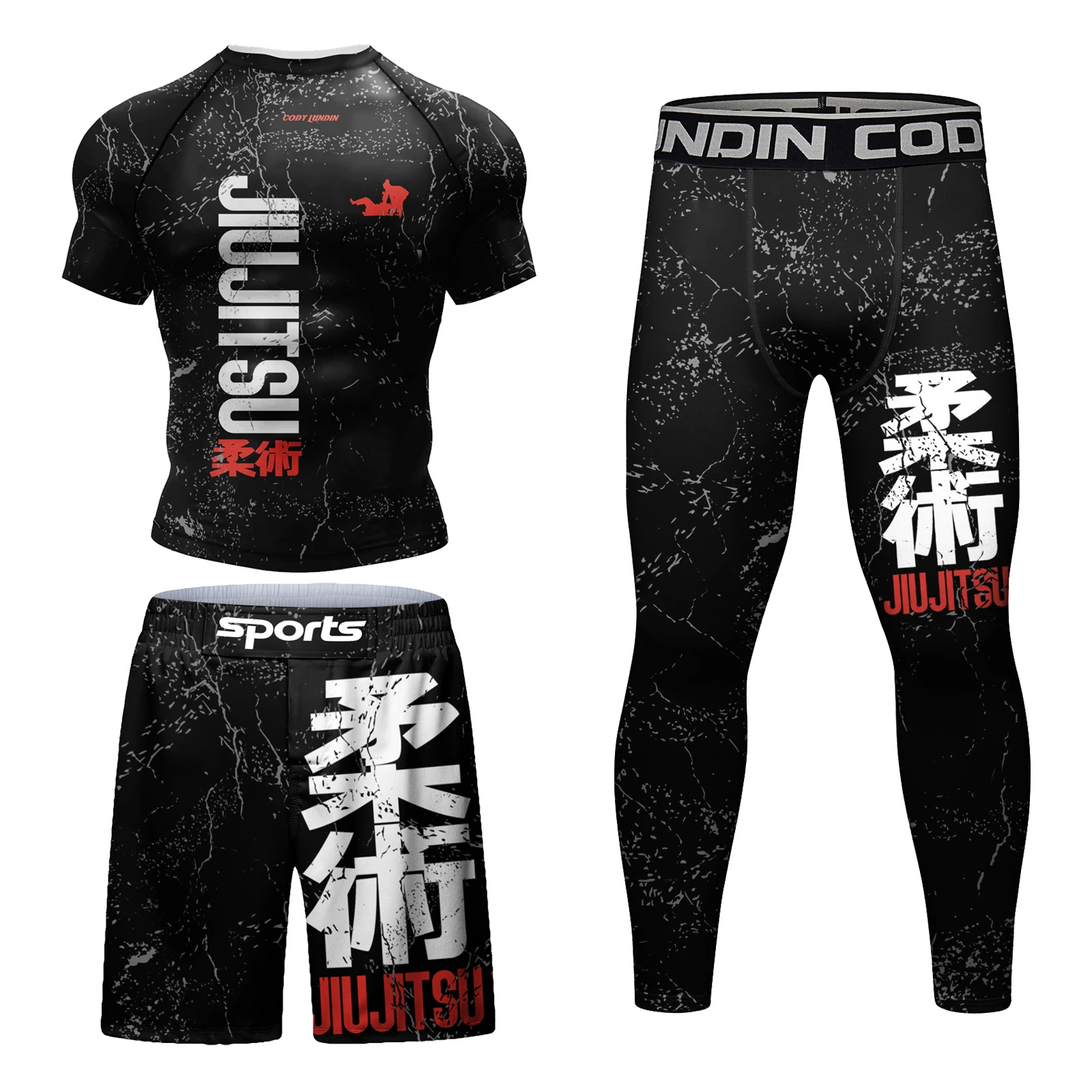 Cody Lundin Rash Guard Sportswear MMA T-shirt +Pants MMA Shorts 4PCS/Set Brazilian Grappling Jiu Jitsu Bjj Boxing Jersey For Men