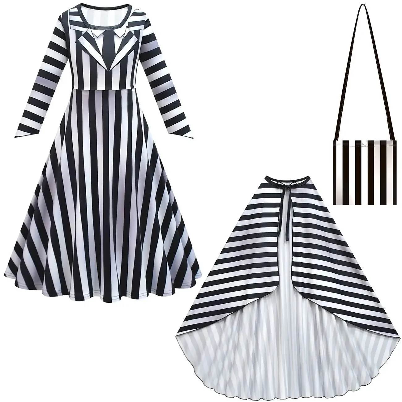 Kids Girls Black and White Stripe Horrible Monk Print Dress Bag Cloak Set Outfit Christmas Role Play Halloween Cosplay Costume