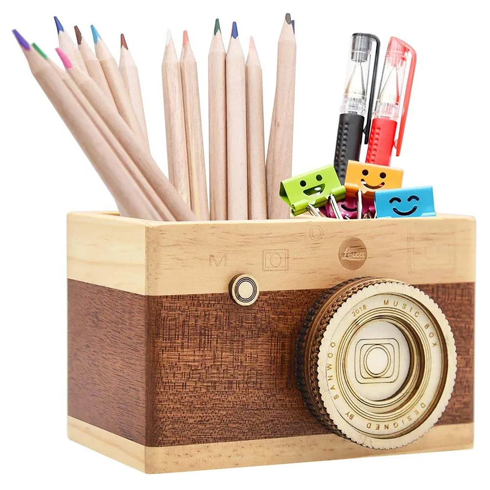 

Zakka Camera Wooden Pencil Holder Desktop Pencil Holder Camera Decor Stationary Office Home School Gift For Photographer Student