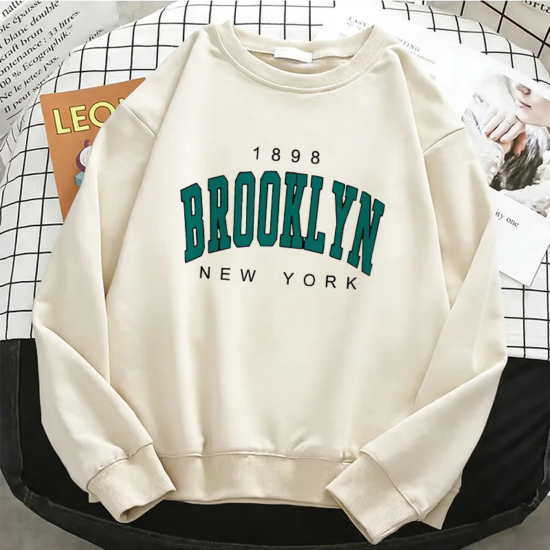 Womens Hoodies Fashion Y2k 1898 BROOKLYN NEW YORK  Fleece Sweatshirt Soft Casual O-Neck Pullover Casual Female Clothes
