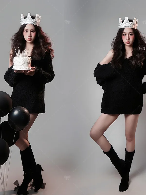 

Fashionable Black Shadow Play Sweater for Girls Studio Photography Clothing Lazy Personality Artistic Indoor Photoshoot Outfit
