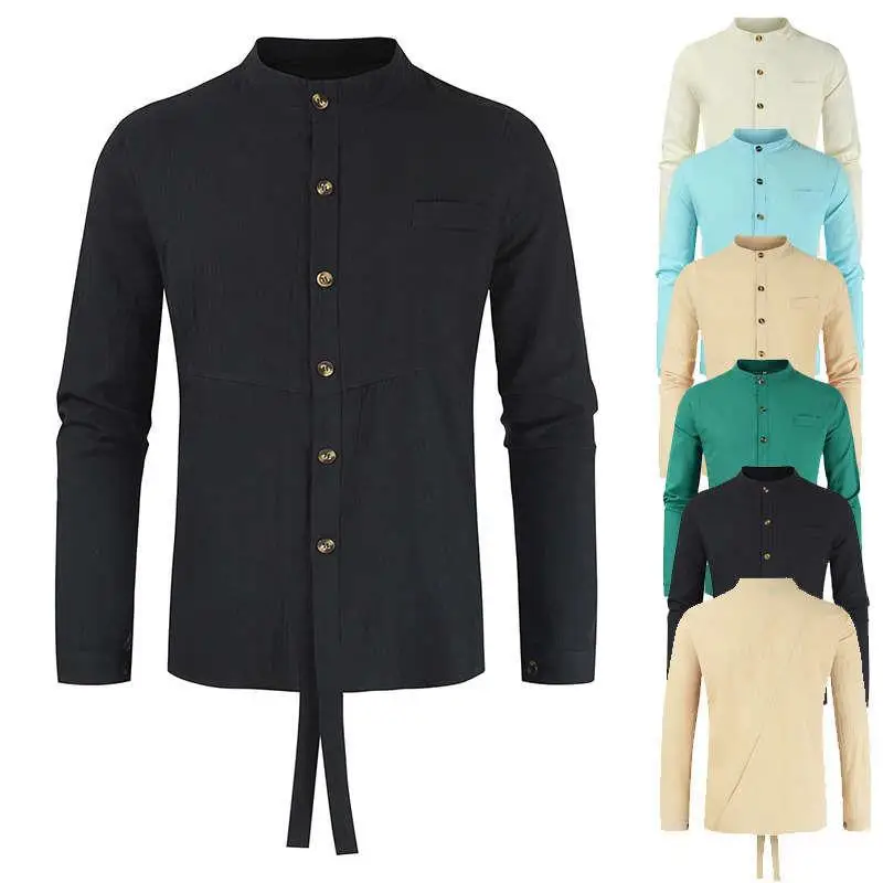 

Cotton Linen Standup Collar Men's Long Sve irt American Sle Pure Color Spring Youth Faion Stand Fit