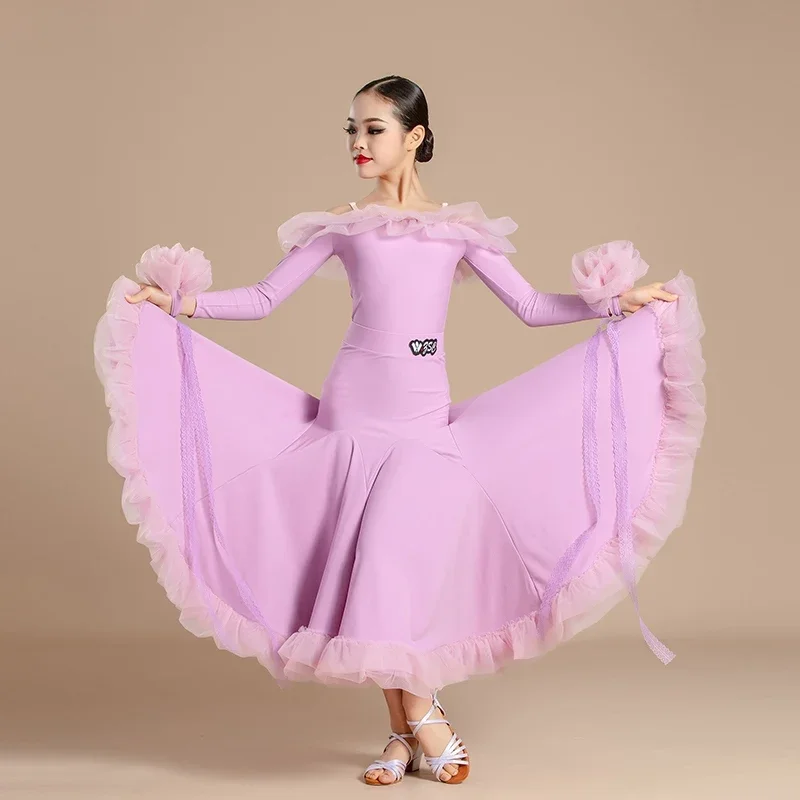 

Long Sleeved Big Swing Skirts Suit Girls Ballroom Dance Competition Dress Children'S National Standard Dance Clothes