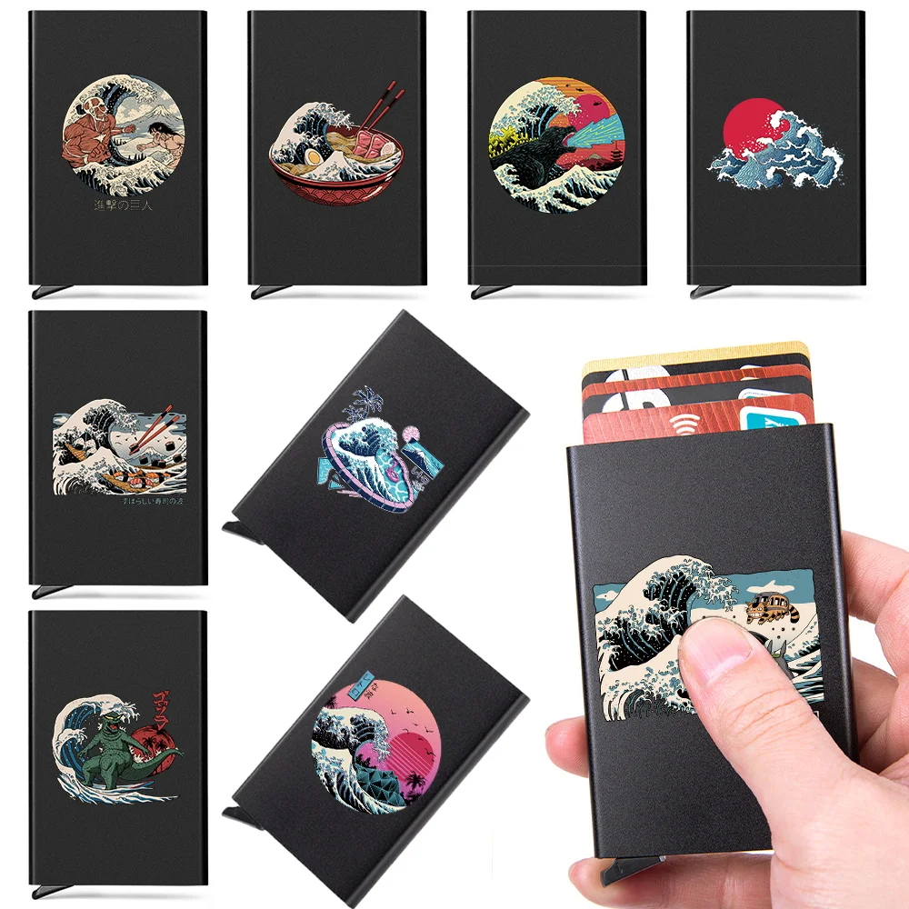 

ID Credit Bank Card Holder Wallet Men Anti Rfid Blocking Automatic Pop Up Protected Slim Mini Money Wallets Case Wave Pattern