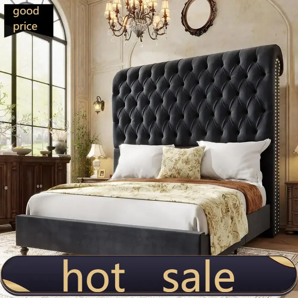 Activity pricePopularQueen Size Velvet Bed with 59 Tall Upholstered Headboard, Deep-Buttoned Design, Solid Wood Legs, No Box Spr