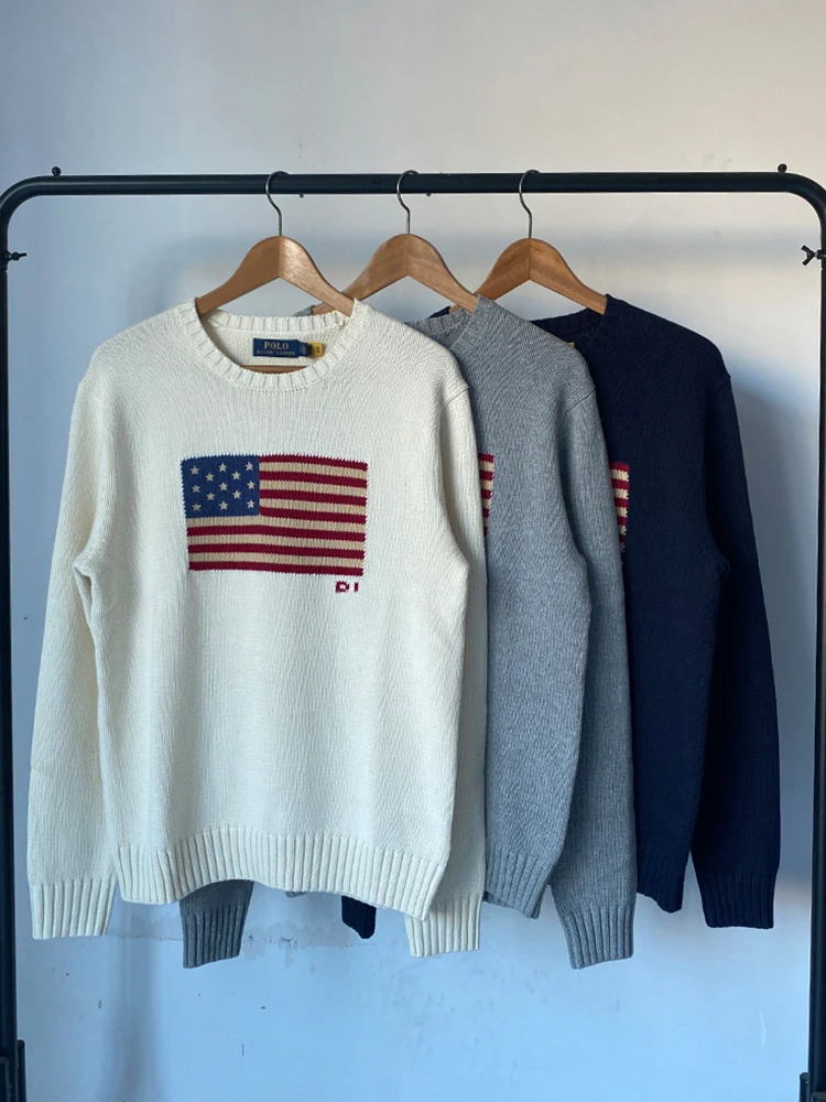 

Classic round Ne Knitted Sweater Pure Cotton Overhead Sle Women's Faion Retro Work Commute Loose Fit Star Flag Print