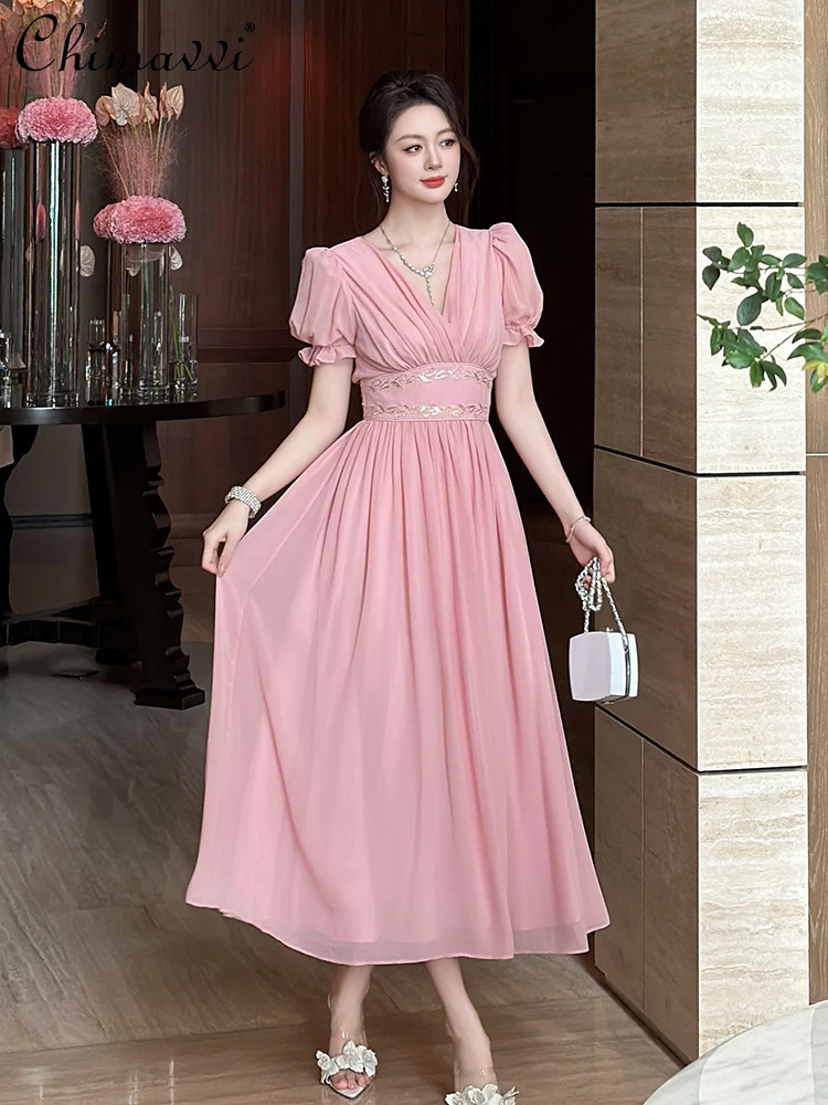 

French Elegance Temperament V-neck Short Puff Sleeve Embroidery High Waist Slim A-line Sweet Pink Long Evening Party Dress Women