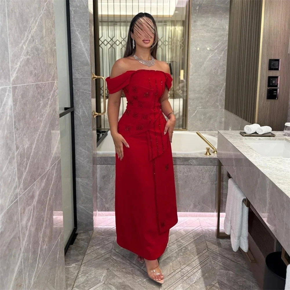 

Red Beaded Formal Long Bespoke Occasion Gown Evening Dresses Pastrol Unisex Jersey Retro Dubai Saudi Arabic Prom Customized